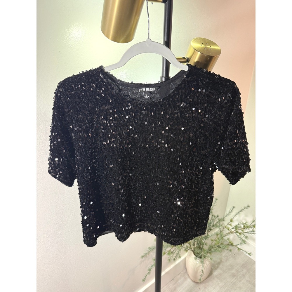 steve madden party sequin soft jeans top black classic marilyn retro going out M